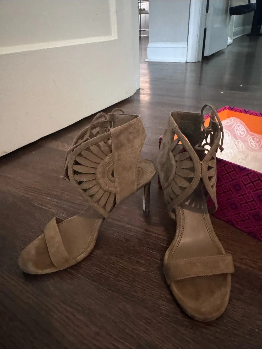 Tory Burch Taupe Suede Cutout Lace-Up Heels
